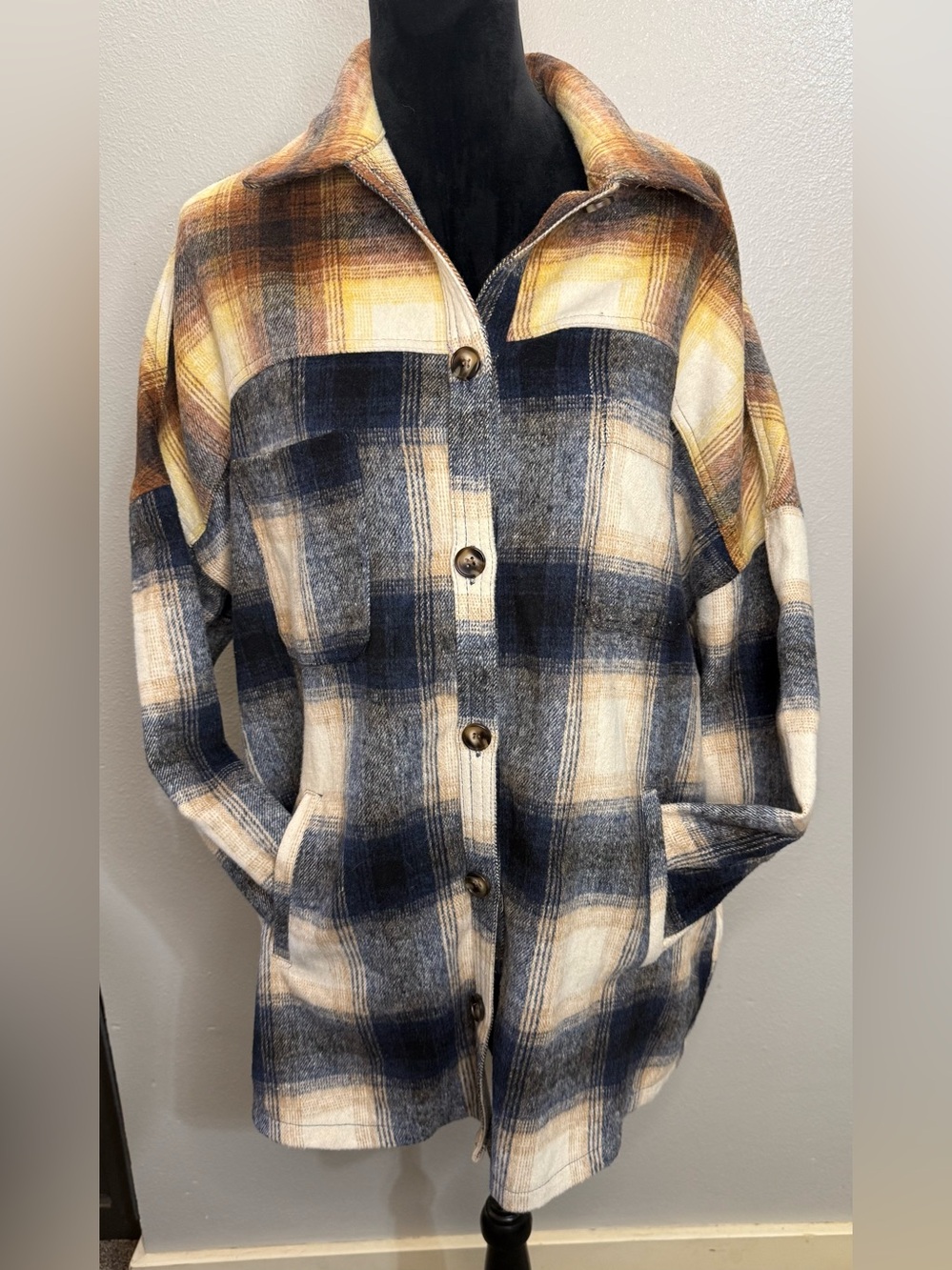 Plaid Button-Front Utility Jacket - Navy, Mustard & Brown